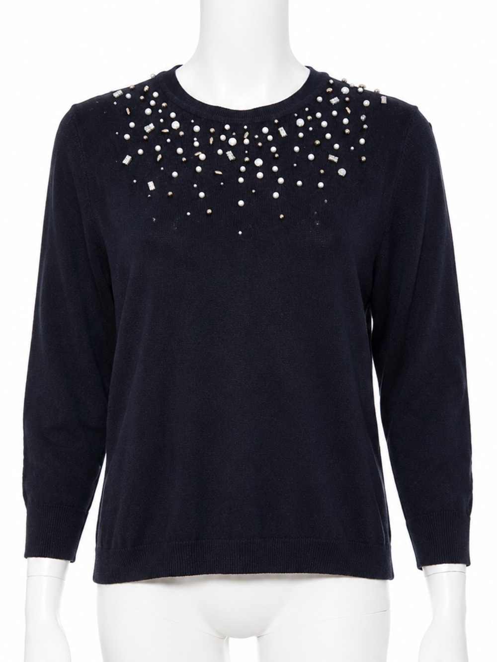 Warehouse Navy Blue Embellished Pearl Rhinestone Crewneck Knit Sweater Size US12
